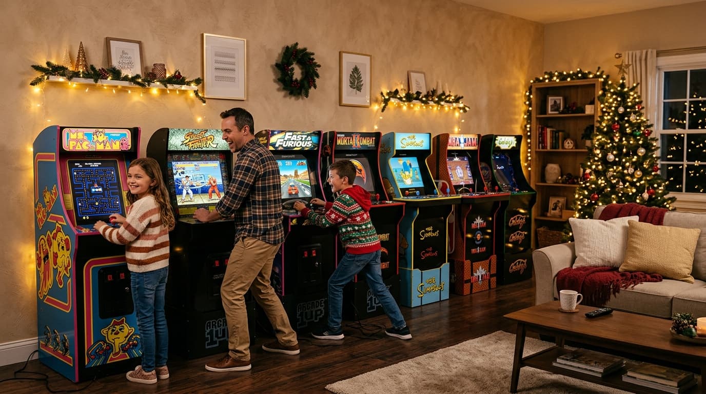 Family playing arcade games at home during the holidays — boy on Fast & Furious, girl on Ms. Pacman, dad on Street Fighter