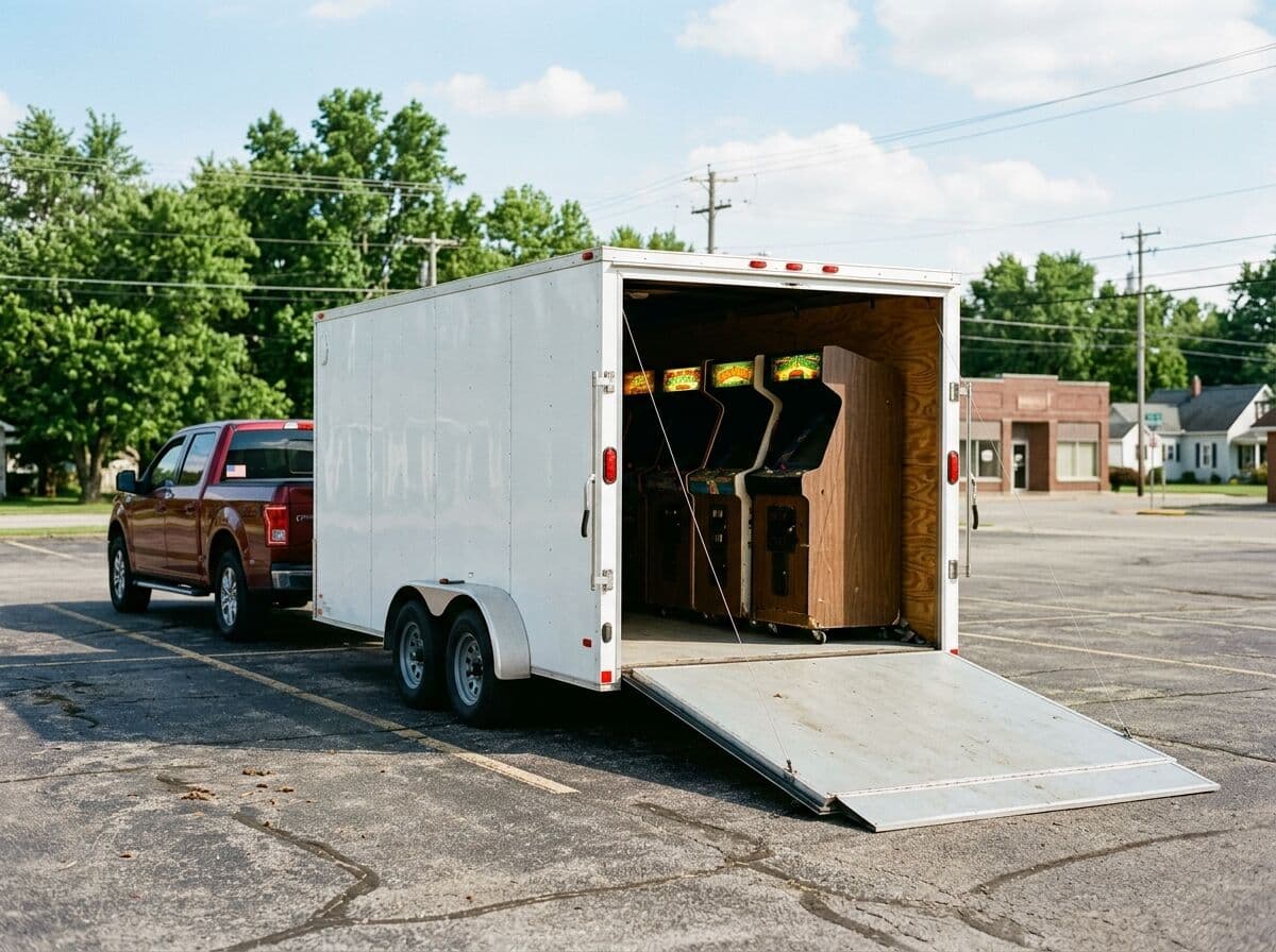 Arcade games loaded on the trailer for delivery