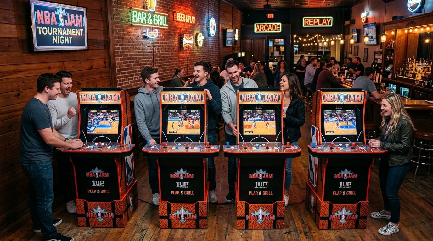 Four 1UP Arcade NBA Jam cabinets side by side in a bar, with pairs of players competing at each machine